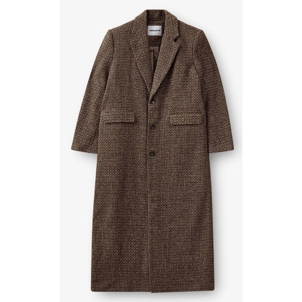 H2OFagerholt Women's L  Long Brown Houndstooth Check Tweed Overcoat Wool Blend